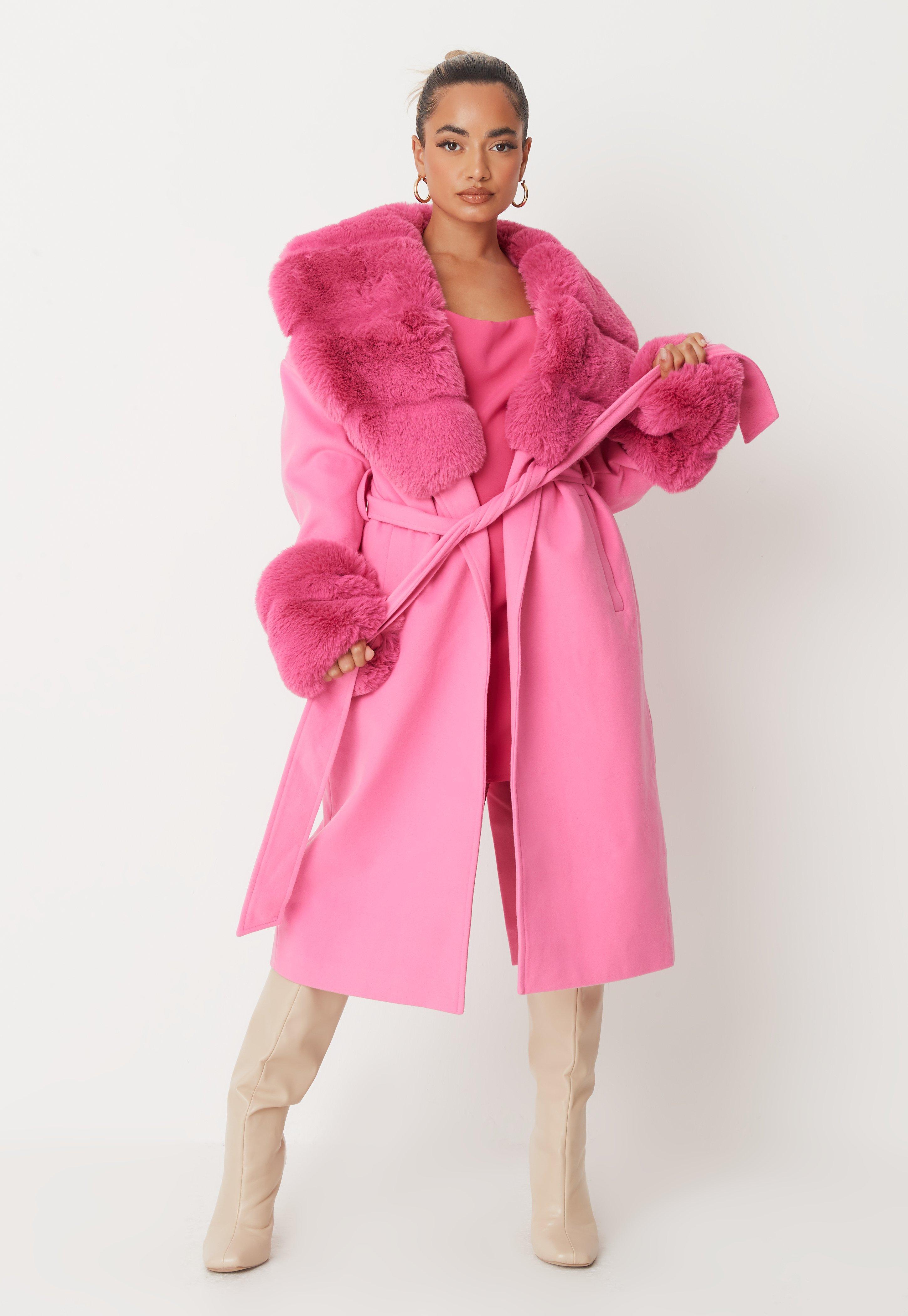 pink coat with fur trim